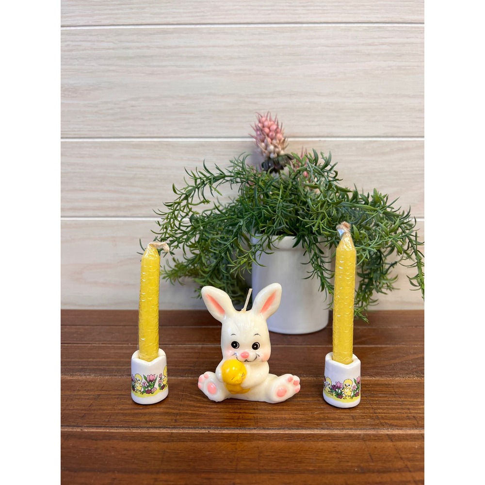 Vintage Russ Easter Bunny Candle and Ceramic Easter Chick Candlestick Holders